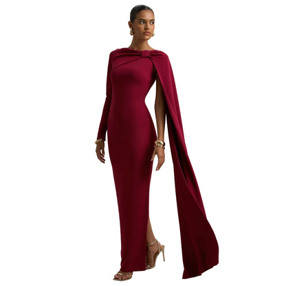 MYF (S-2XL) 10897 one-shoulder ribbon evening dress long sleeve narrow dress