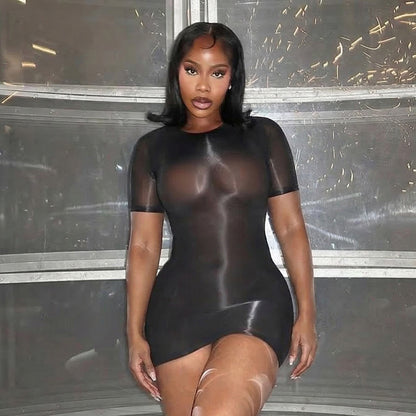 DZHT Y26DS074 tight see-through short sleeve dress