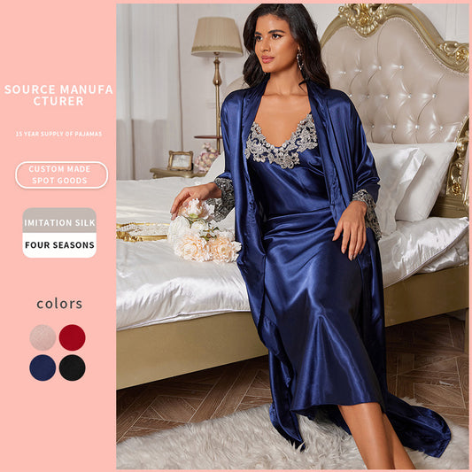 DNL artificial silk lace V-neck long slip nightdress two-piece pajamas