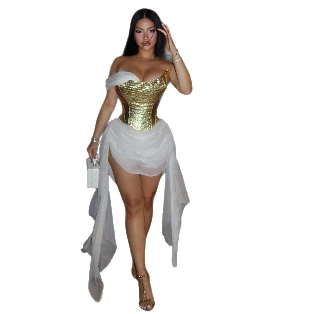 DLS Spring Golden bright surface mesh stitching ribbon sexy dress