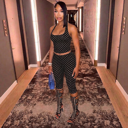 DZHT J26ST102 polka dot print lace-up halterneck Suspender top tight cropped pants two-piece suit