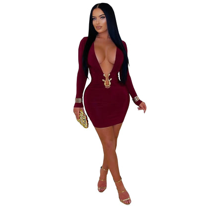 XYZ C7609 deep V hip-wrapped snake-shaped accessories dress