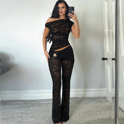 SXR 2026 spring sexy shoulder irregular top high waist flared pants suit