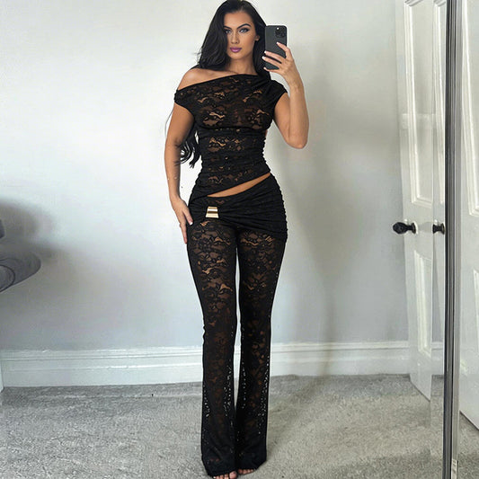 SXR 2026 spring sexy shoulder irregular top high waist flared pants suit