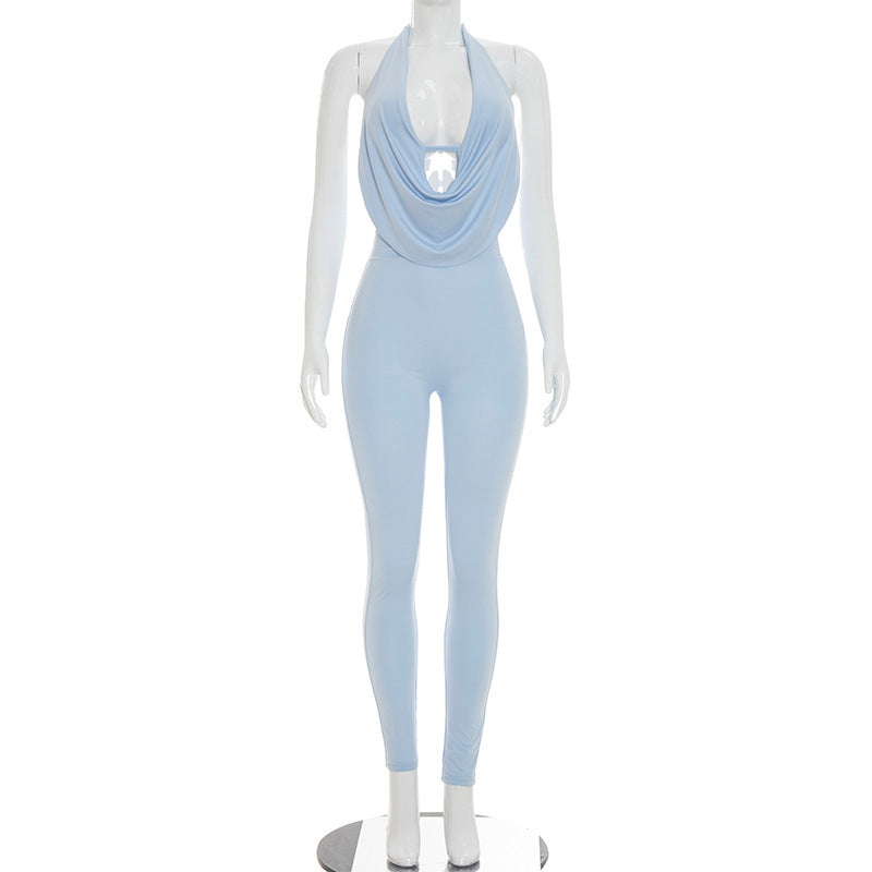 DZHT D26JP151 backless solid color swing collar halter strap tight one-piece trousers