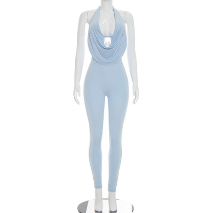 DZHT D26JP151 backless solid color swing collar halter strap tight one-piece trousers