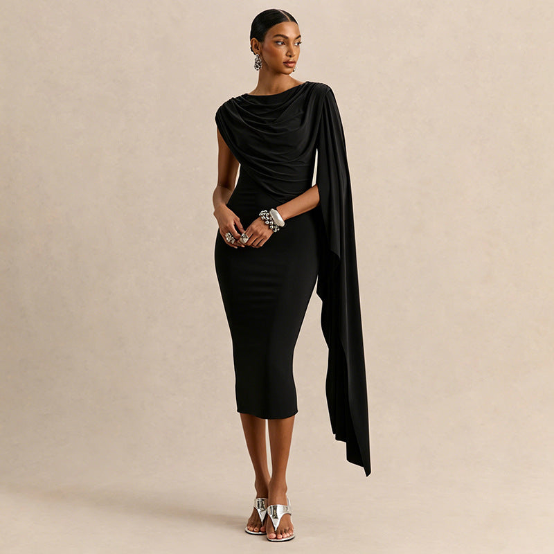 DZHT Q26DS066 solid color slim-fit ribbon sleeveless irregular swing collar dress