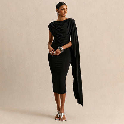 DZHT Q26DS066 solid color slim-fit ribbon sleeveless irregular swing collar dress