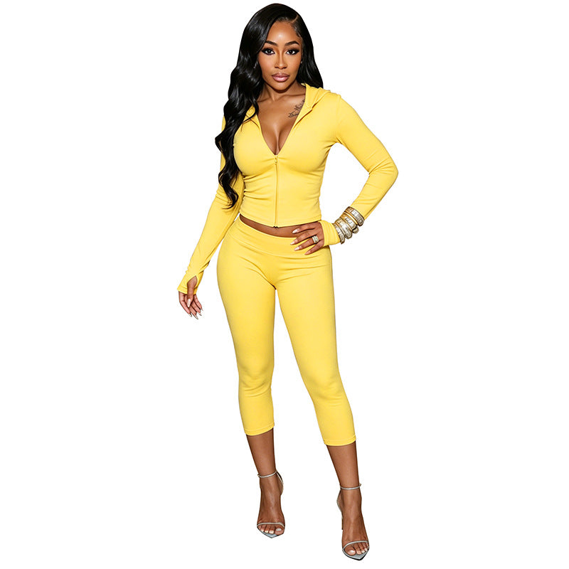 DZHT D26ST229 hooded long sleeve finger fit design zipper top tight pleated cropped pants two-piece suit