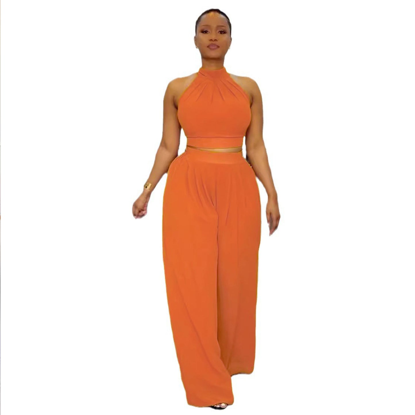 GY (S-3XL) S10773 pleated sleeveless high waist top wide leg pants two-piece set