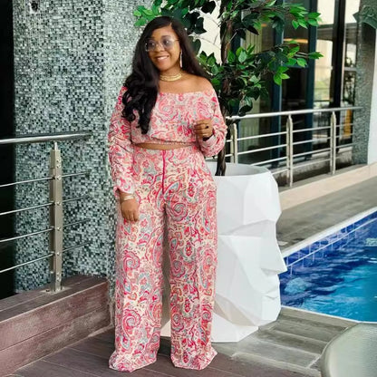 GY (S-3XL) S10711 loose off-the-shoulder elastic pleated long sleeve wide leg suit