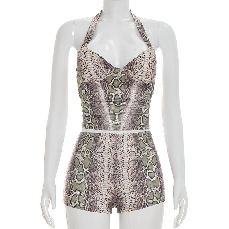 DZHT C26ST073 snake print halter top tight shorts suit