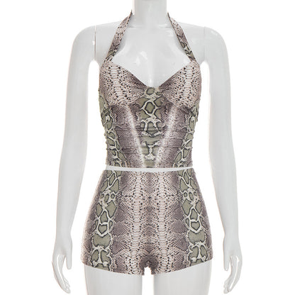 DZHT C26ST073 snake print halter top tight shorts suit
