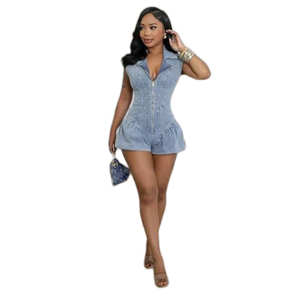 MZ (S-2XL) denim jumpsuit MZ88652 sleeveless stretch jumpsuit lantern shorts