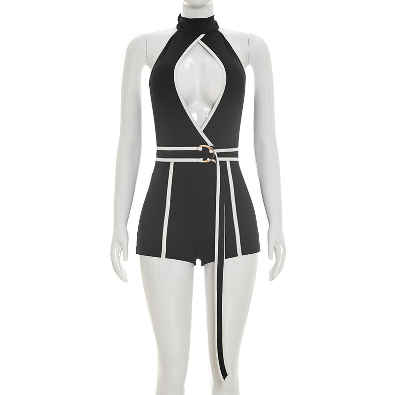 DZHT J26RP146 summer contrast color halter strap one-piece shorts