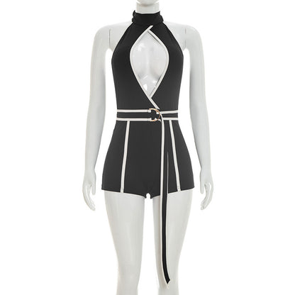 DZHT J26RP146 summer contrast color halter strap one-piece shorts