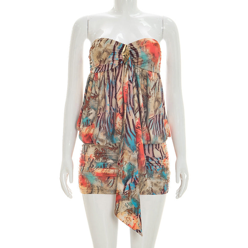 DZHT D26DS100 summer printed sleeveless tube top Bud sheath dress skirt