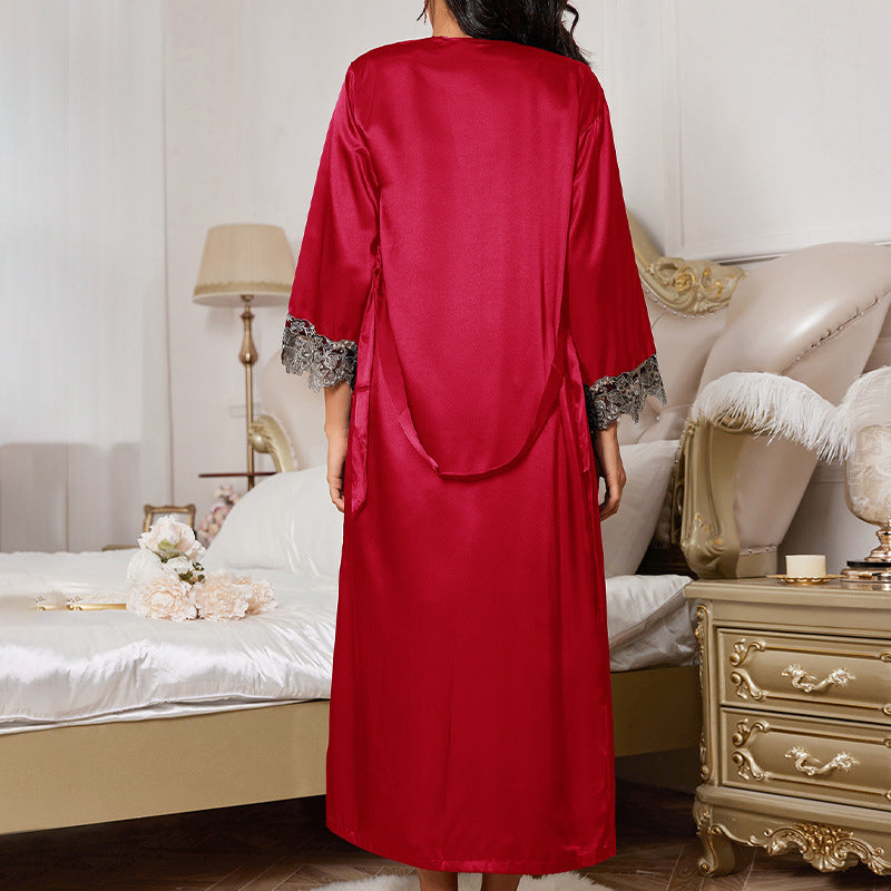DNL artificial silk lace V-neck long slip nightdress two-piece pajamas