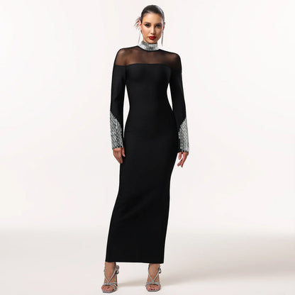XYZ C7592 turtleneck long sleeve slim fit rhinestone dress