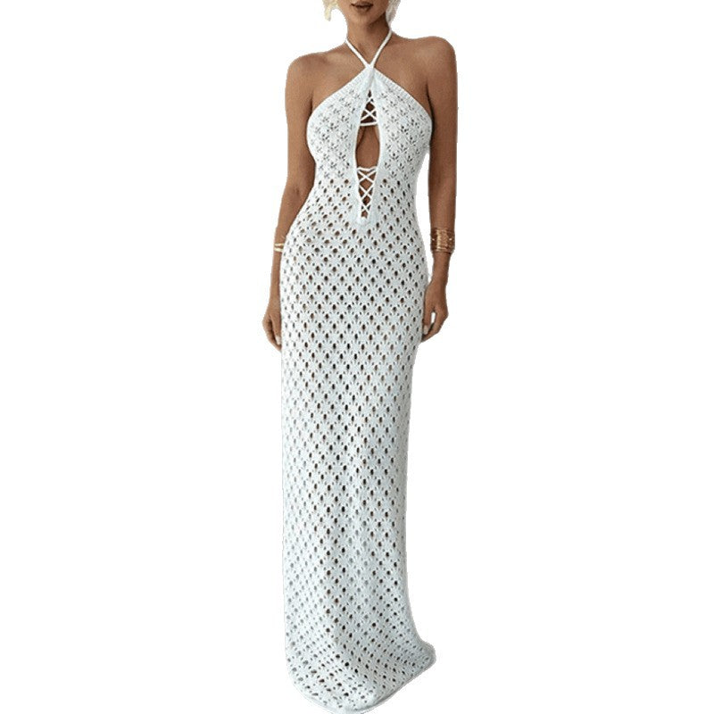 CYB knitted dress sleeveless backless lace up beach sheath dress