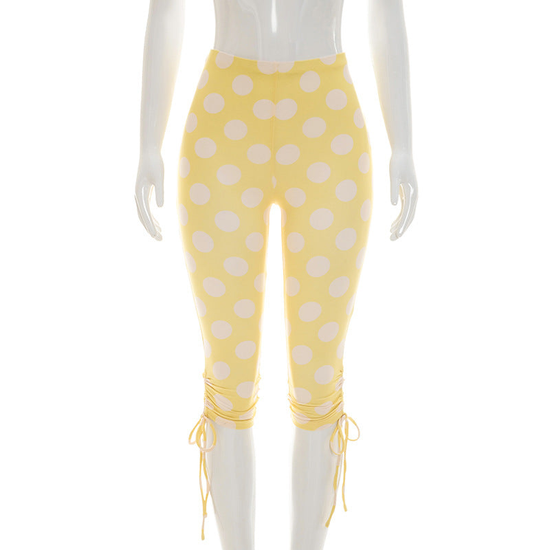 DZHT J26PT106 spring/summer polka dot trousers lace-up mid-waist tight cropped pants