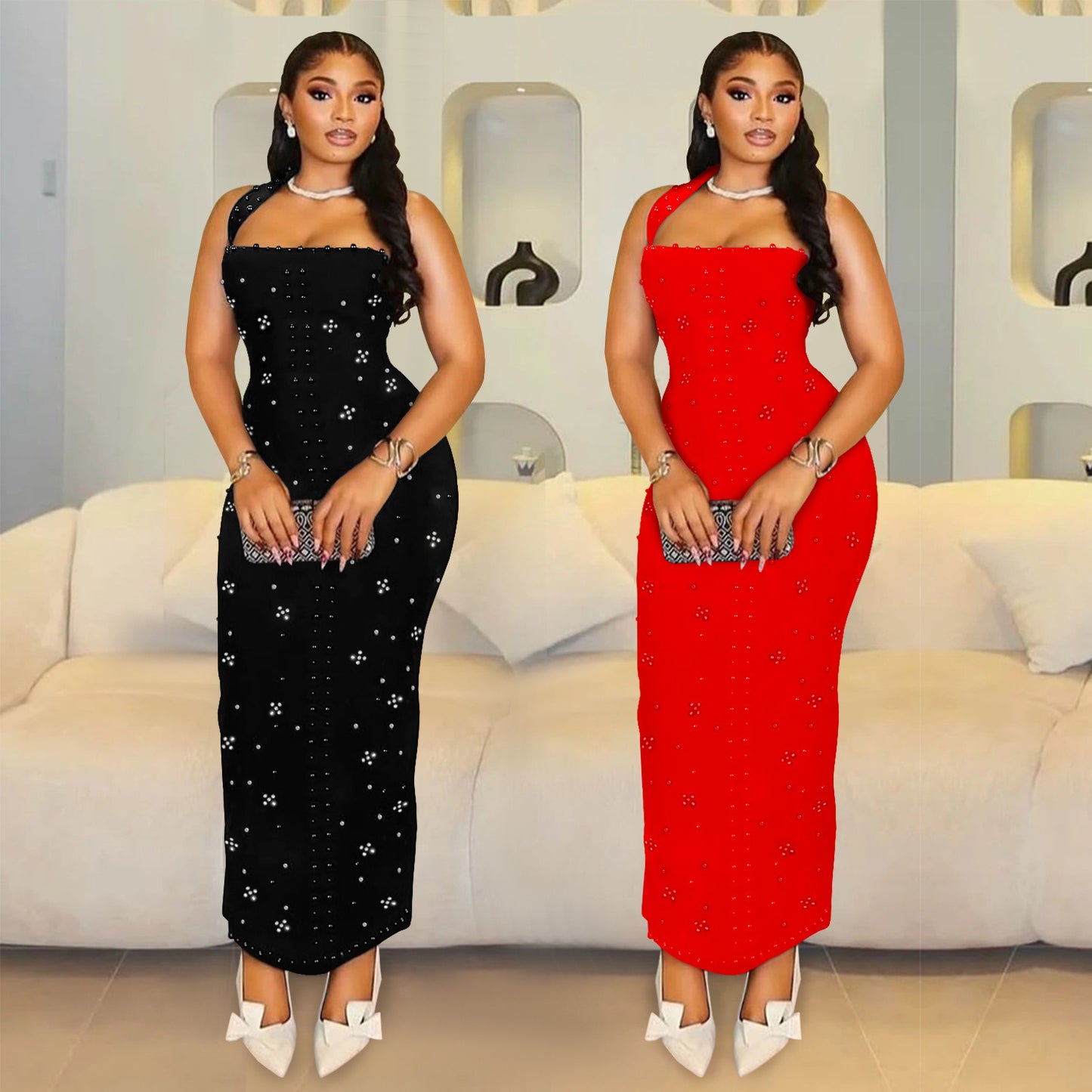 XYZ C7480 halter rhinestone bubble beads slim-fit sheath dress