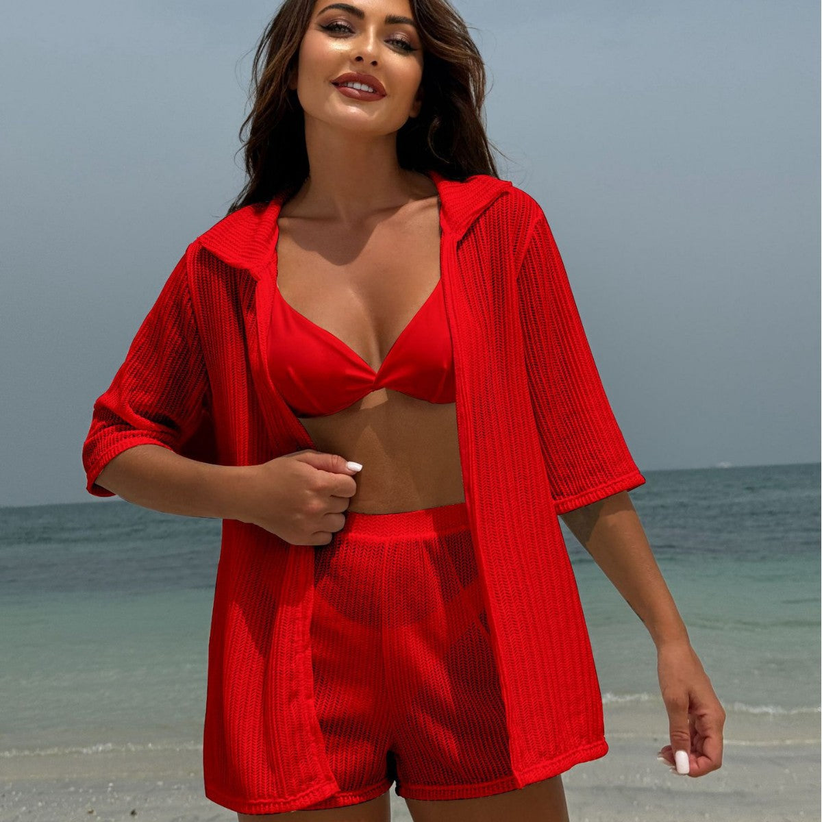 (4 days ready to ship) SY beach sun protection gauzy shirt shorts four-piece swimsuit