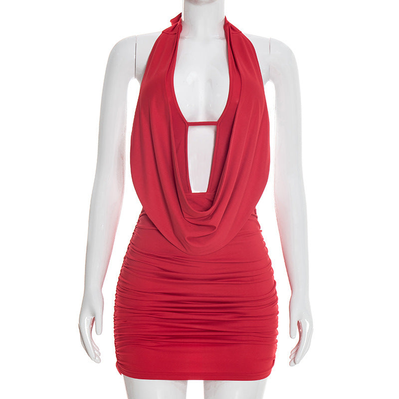 DZHT D26DS035 spring halter swing collar bare back lace-up sheath dress