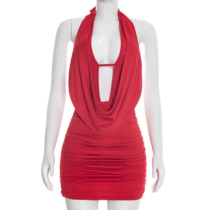 DZHT D26DS035 spring halter swing collar bare back lace-up sheath dress