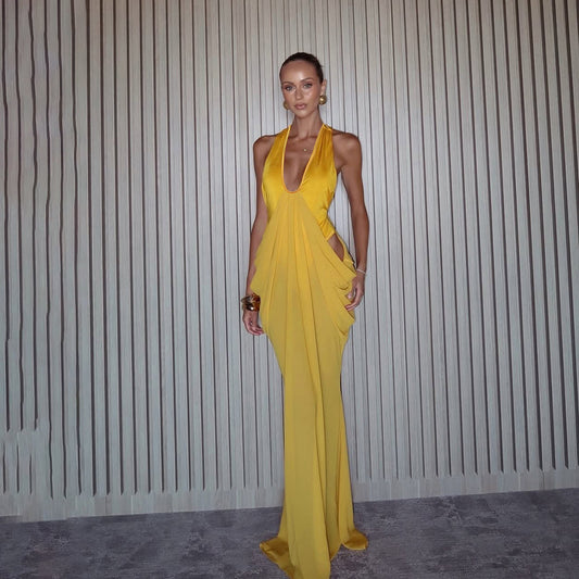 SXR 2026 Spring Design Deep V sexy pleated waist tight formal dress