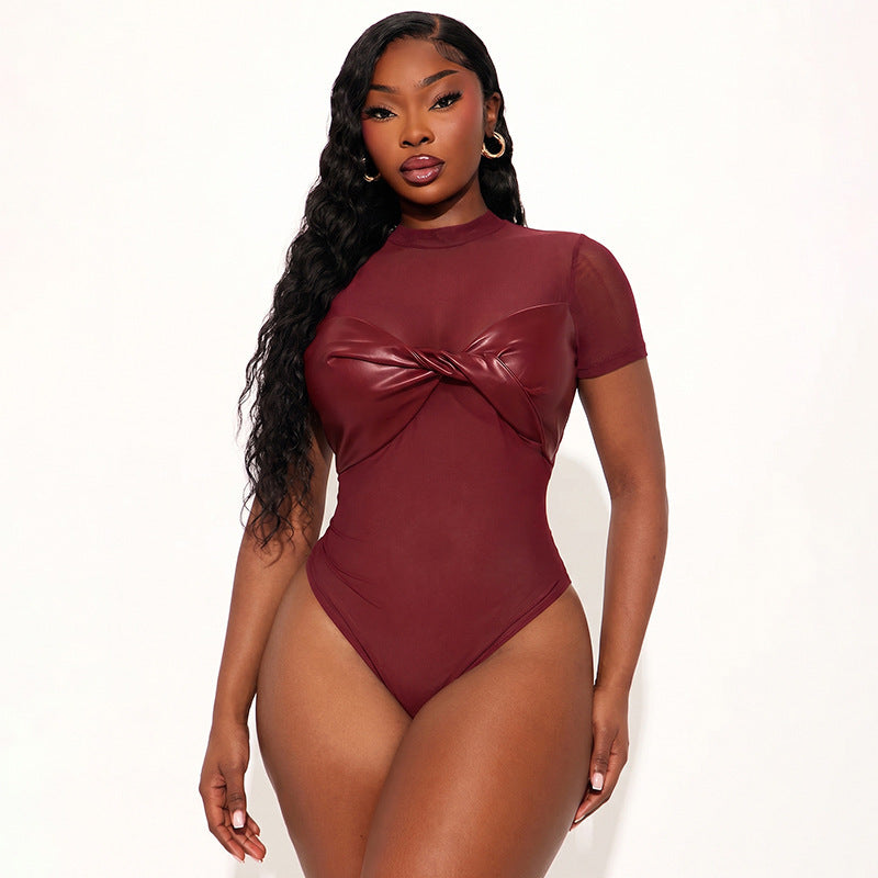 DZHT J26BS176 short sleeve twisted mesh Stitching small round neck jumpsuit
