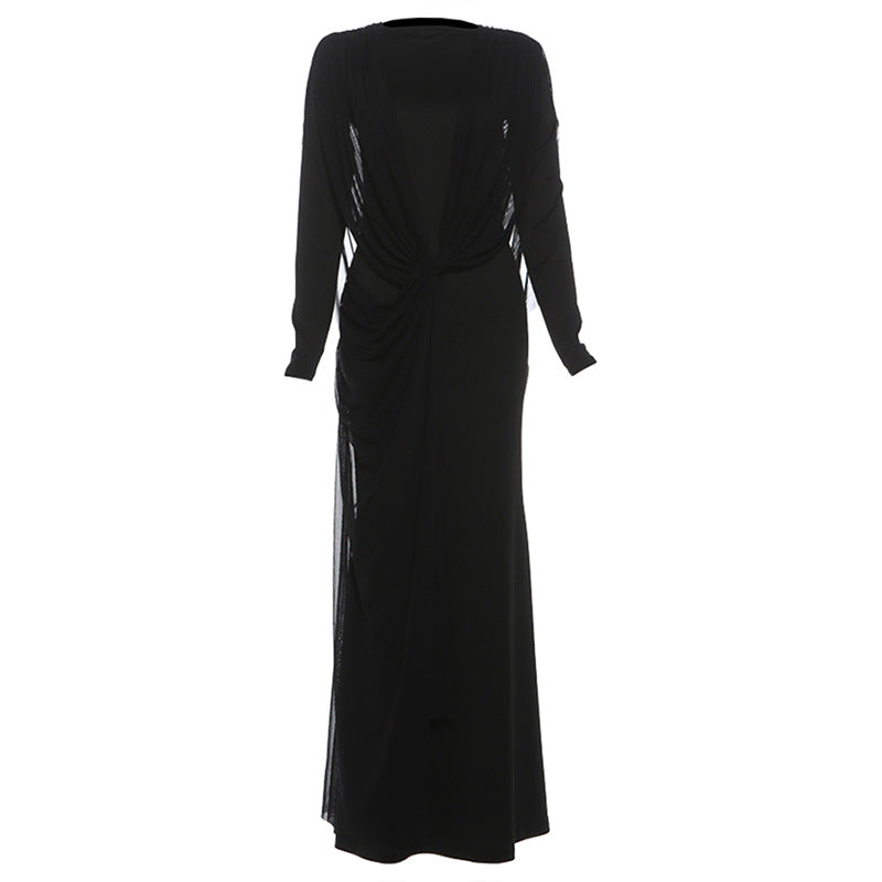 SXR autumn and winter irregular mesh long dress solid color dress