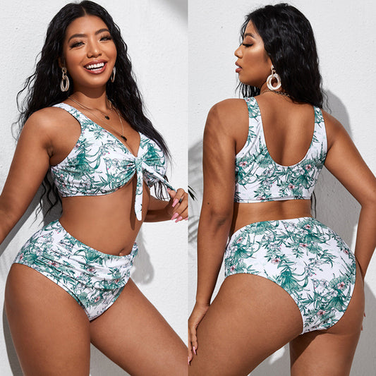 LF (L-4XL) women's split color printing swimsuit plus size
