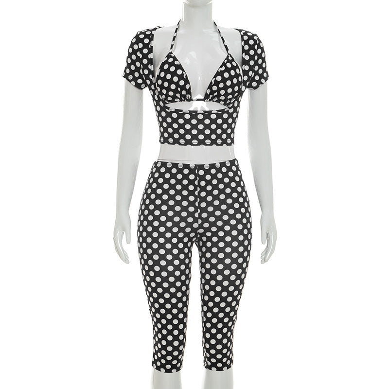 DZHT J26ST079 wave sleeveless dot printed three-piece set