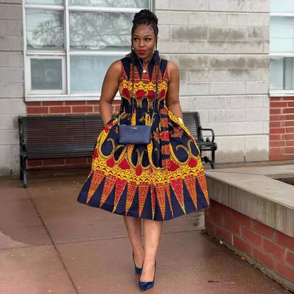 GY (S-3XL) S10730 printed waist-controlled lapel doll collar midi dress
