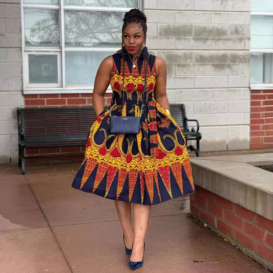 GY (S-3XL) S10730 printed waist-controlled lapel doll collar midi dress