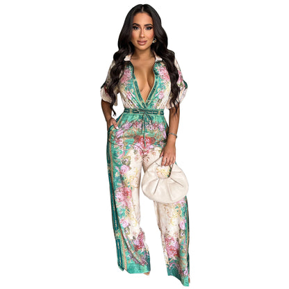 MYF (S-2XL) 20154 V-neck vintage printed jumpsuit