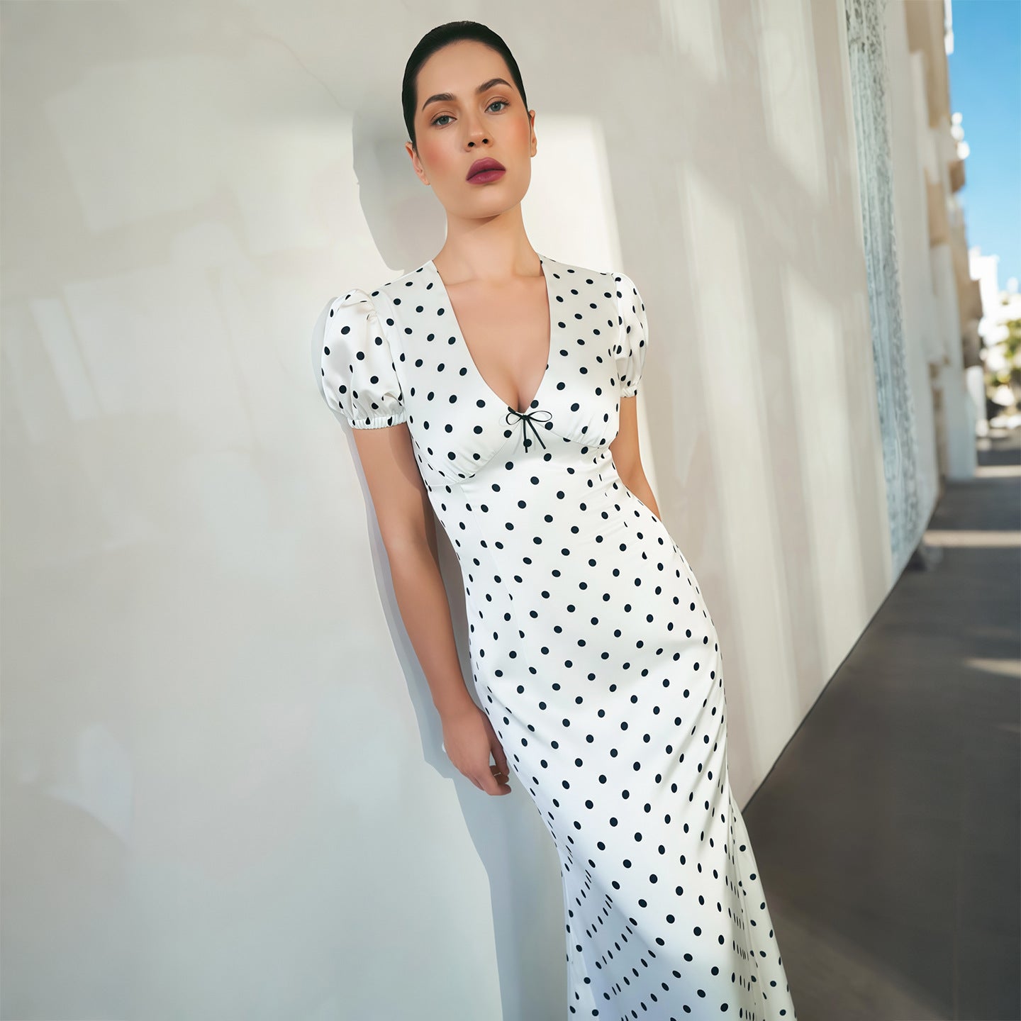 SXR K6D08600A summer puff sleeve V-neck Bow polka dot dress