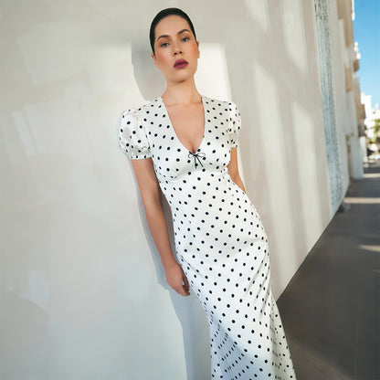SXR K6D08600A summer puff sleeve V-neck Bow polka dot dress