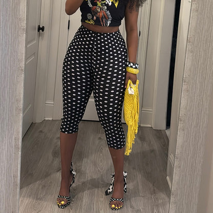 DZHT J26PT151 fashionable all-match polka dot printed mid-waist tight casual cropped pants