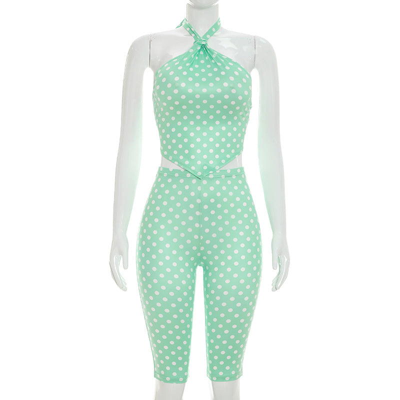DZHT Q26ST092 halter strap backless underwaist skinny knee length pants polka dot printing suit