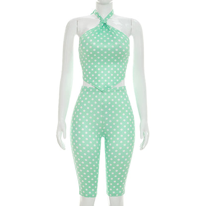 DZHT Q26ST092 halter strap backless underwaist skinny knee length pants polka dot printing suit