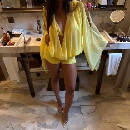 DZHT D26ST103 chiffon hollow-out deep V flared long-sleeved top and shorts summer suit
