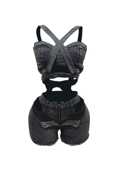 MZ (S-2XL) denim vest shorts MZ88637 tube top bandage stretch shorts suit