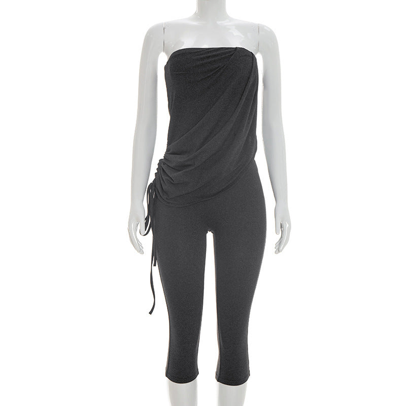 DZHT D26JP142 slim-fit sleeveless fake two-piece tube top drawstring cropped jumpsuit
