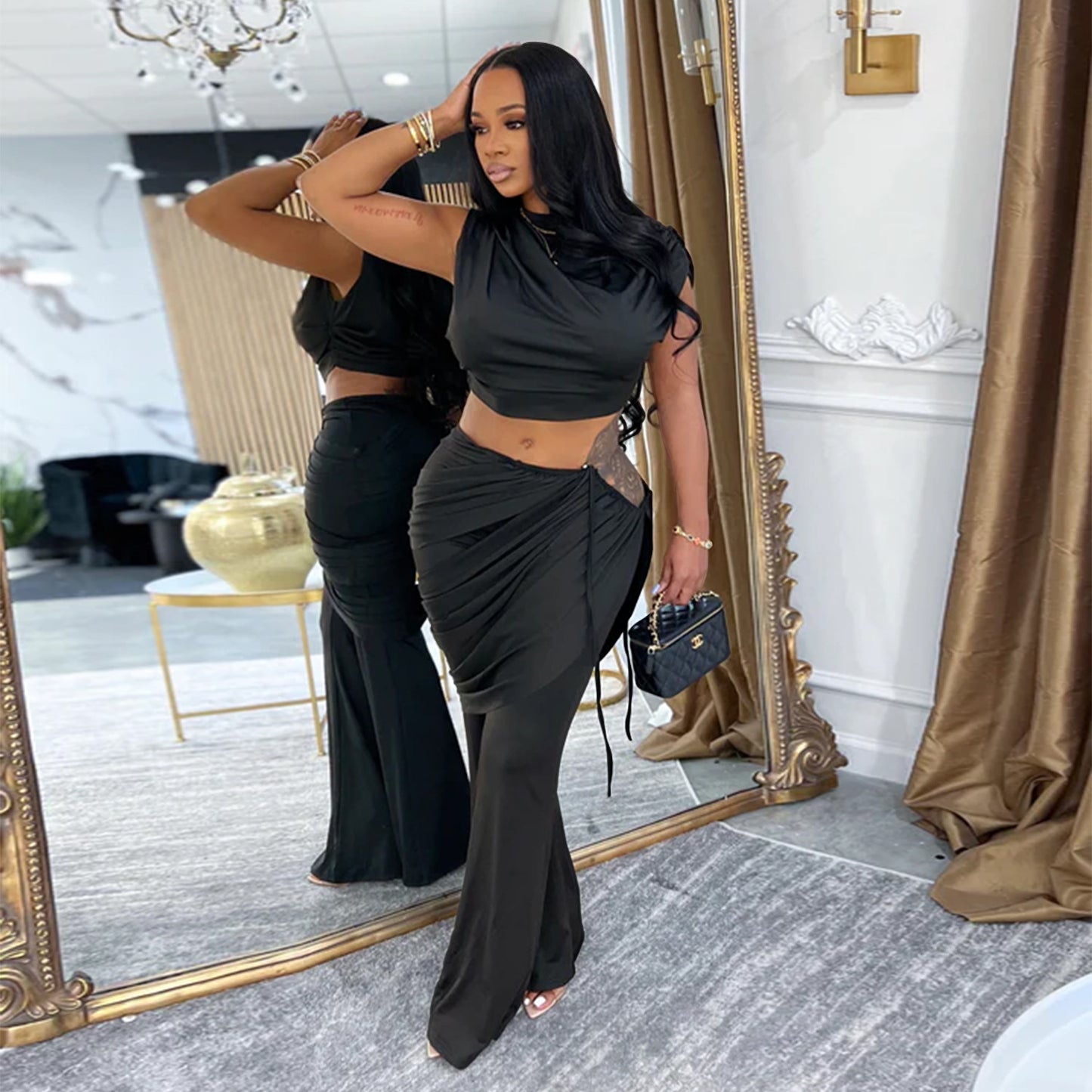 XYZ C7528 casual sleeveless midriff-baring top and trousers two-piece set