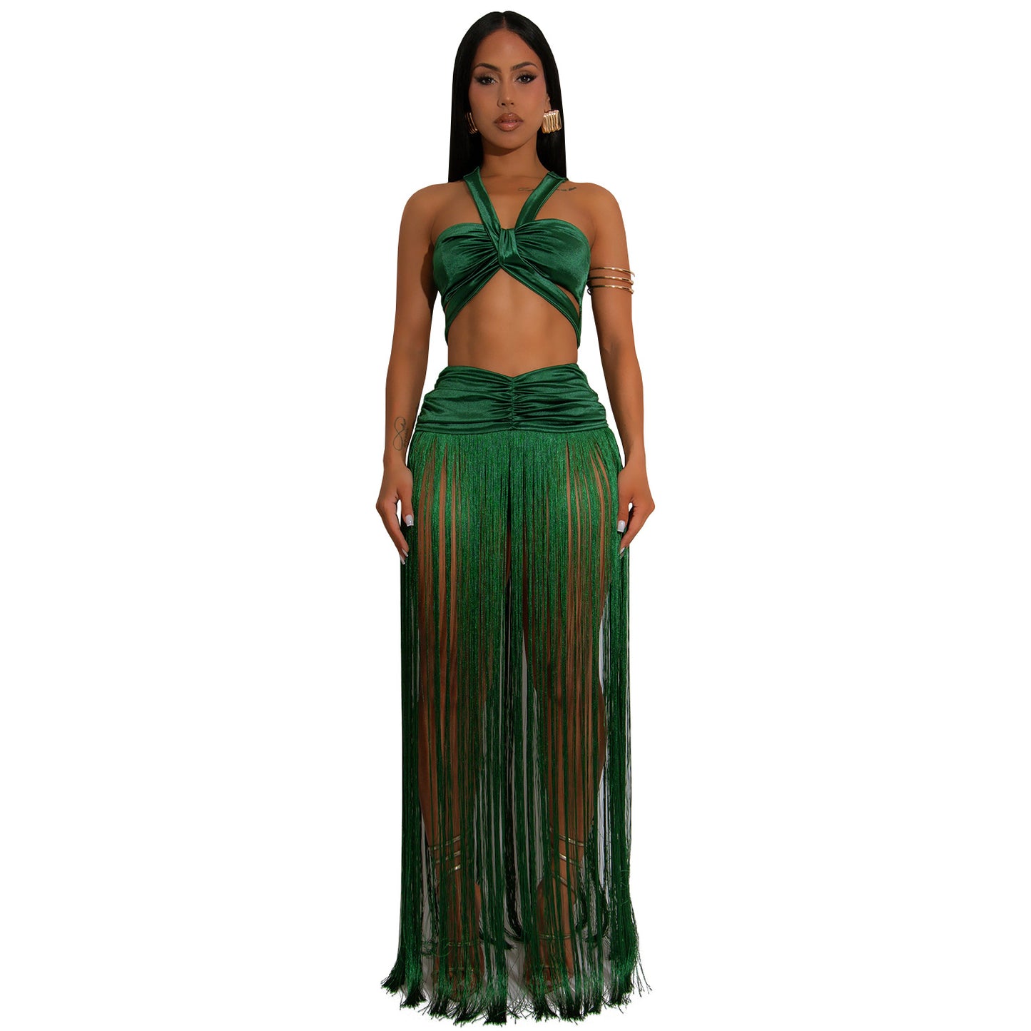 XYZ C7438 shoulder strap top tassel dress two-piece set