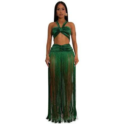 XYZ C7438 shoulder strap top tassel dress two-piece set