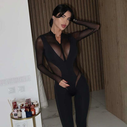 SXR autumn sheer mesh zipper solid color long sleeve tight jumpsuit