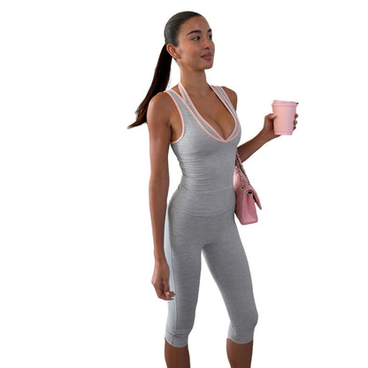 DLS summer fake two-piece sleeveless vest solid color slim fit slimming fifth pants suit